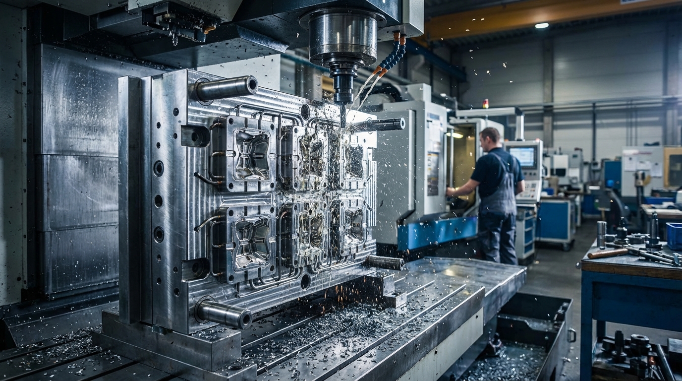 Open steel mold showing the cavity, with a sampled part beside it.