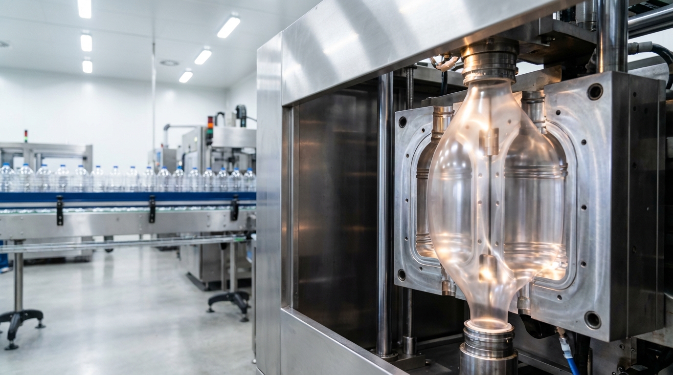 HDPE/LDPE bottles coming off a blow-molding line.