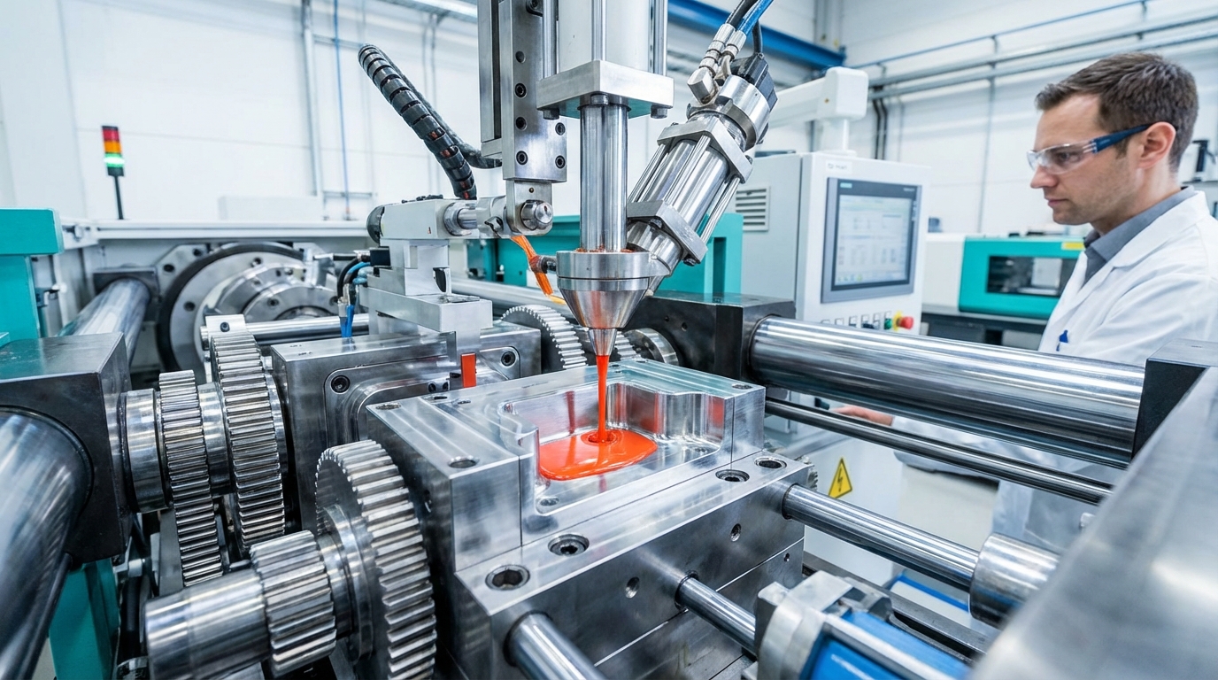 Injection press on the line, freshly molded pots/jars.